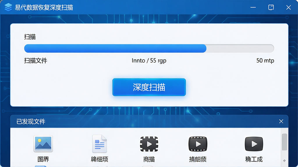 主体:易我数据恢复深度扫描界面,显示蓝色进度条与扫描文件数;布局:中央为扫描状态面板,下方为已发现文件分类;排版:信息层级分明;风格:科技蓝风格,干净专业;细节:扫描按钮高亮,显示“深度扫描”字样,文件类型图标包括图片、文档、视频;画质:高清,无多余元素