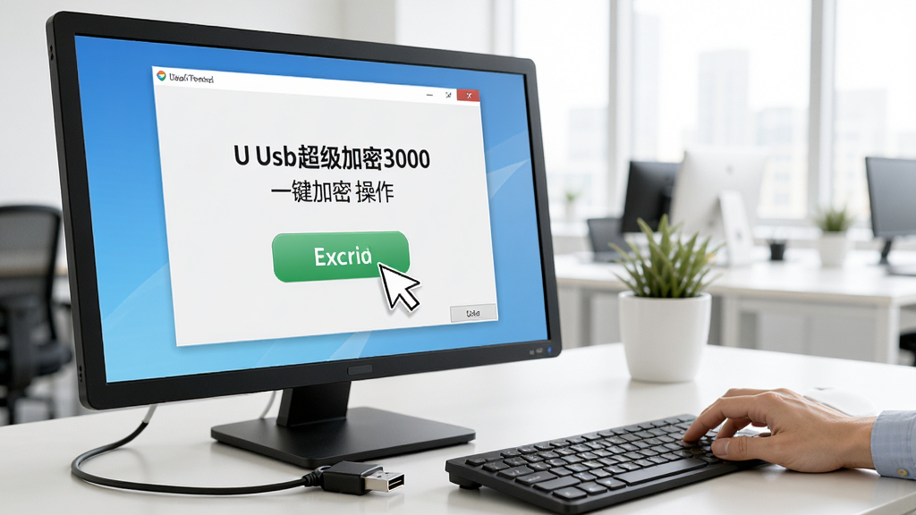 展示U盘超级加密3000一键加密的操作场景,电脑屏幕上显示软件界面,鼠标指针指向加密按钮,旁边有一个U盘插入电脑USB接口,背景为明亮的办公室环境,整体布局清晰自然,画质干净,无多余元素,突出操作的便捷性。