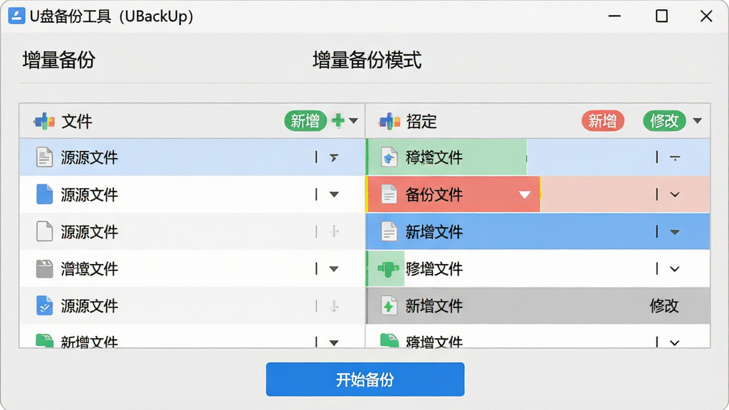 主体:“U盘备份工具(UBackUp)”的“增量备份”功能运行界面特写。布局:界面中央是文件对比列表,左侧显示源文件,右侧显示已备份文件,差异部分用高亮色块标注。排版:列表字段整齐,状态图标醒目。风格:扁平化设计,背景为浅灰色。细节:界面顶部显示“增量备份模式”,底部有“开始备份”的蓝色按钮,文件状态栏显示“新增”、“修改”等标签。画质:清晰,干净,无多余元素。