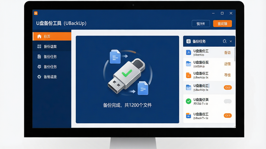 主体:一款名为“U盘备份工具(UBackUp)”的软件主界面展示在电脑屏幕上,界面设计现代简约。布局:左侧为功能导航栏,右侧为备份任务进度列表,中央区域显示一个正在旋转的U盘图标与文件传输动画。排版:界面信息层级分明,按钮图标清晰,整体观感专业。风格:科技感与商务风结合,色彩以深蓝和白色为主,搭配橙色高亮按钮。细节:屏幕上显示“备份完成,共1200个文件”的字样,U盘图标带有绿色对勾。画质:高清,干净,无多余元素。