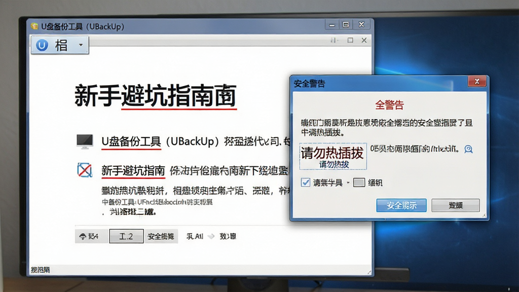 主体:一张电脑屏幕截图,展示“U盘备份工具(UBackUp)”的“新手避坑指南”文档。布局:左侧是软件主界面,右侧弹出一个包含安全提示的对话框。排版:文字清晰,重点内容用红色下划线标注。风格:写实风格,屏幕光影自然。细节:对话框标题为“安全警告”,内容包含“请勿热插拔”字样。画质:高清,干净,无多余元素。
