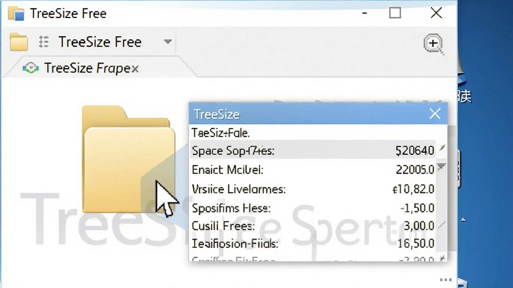 一张清晰的软件使用教程截图,TreeSize Free界面中,鼠标光标正悬停在一个大文件夹上,弹出悬浮窗显示详细的空间占用数据,背景为干净的桌面,画面简洁明了,突出“TreeSize Free”软件名称,画质高清,无多余元素。