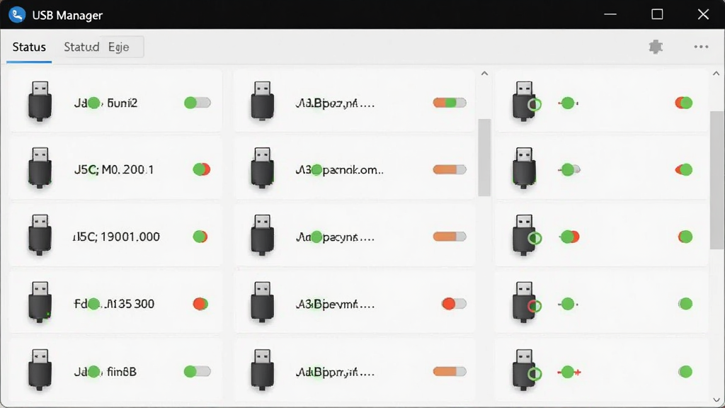 USB Manager软件的设备监控界面截图,显示多个USB设备图标和状态指示灯,界面采用浅色背景,设备列表清晰可见,每个设备旁有绿色或红色状态圆点,整体风格简洁清爽,画质清晰,无多余装饰元素