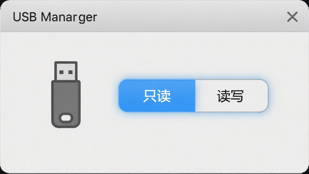 USB Manager的读写控制设置界面,显示一个U盘图标旁边有