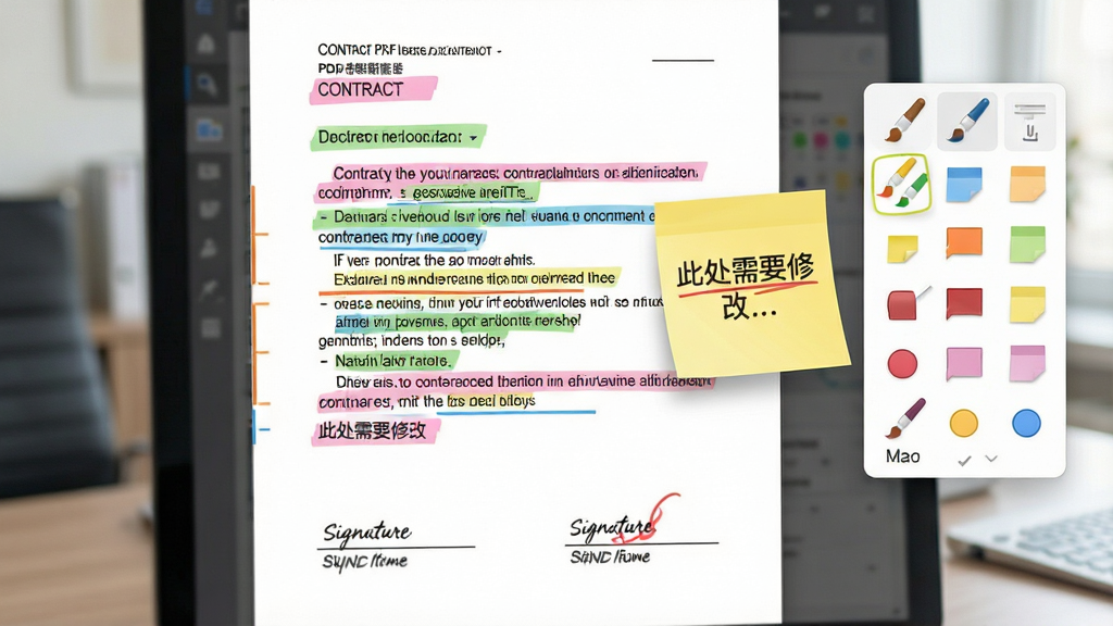 主体:PDF转换编辑器软件的批注功能展示。布局:界面中央是一份带有多种彩色高亮和便签的PDF合同文档。排版:文档右侧悬浮着批注工具栏,包含各种颜色画笔和便签图标。风格:商务办公风格,柔和的自然光效。细节:一个黄色便签展开,上面写着“此处需要修改”,文档底部有签署区域。画质:高清,干净,无多余元素。