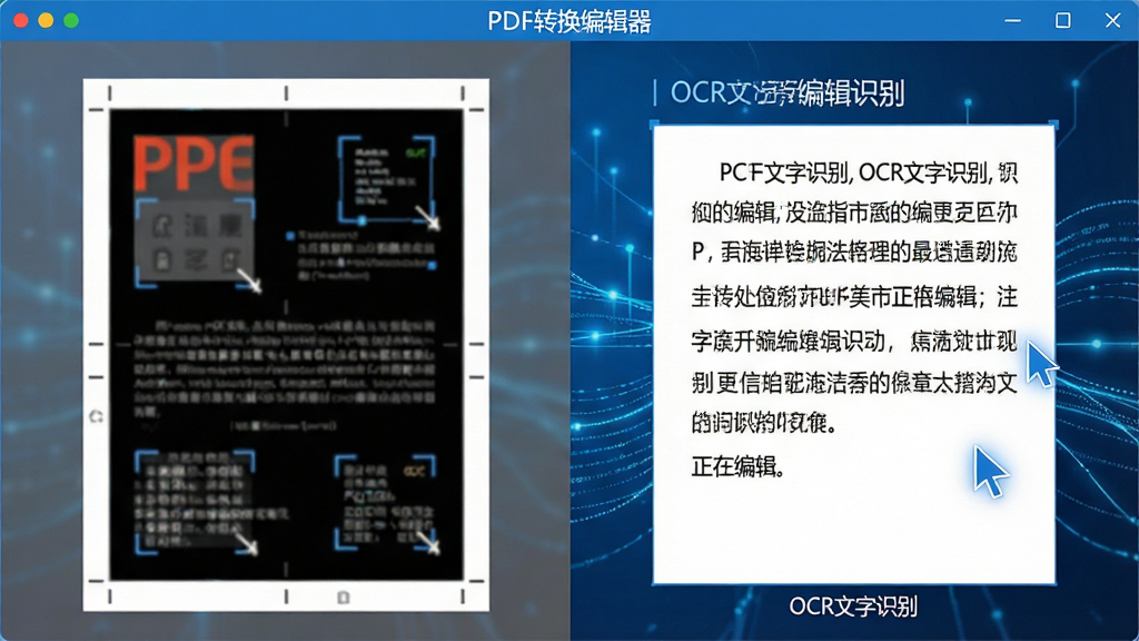 主体:PDF转换编辑器软件界面上的“OCR文字识别”功能演示。布局:左侧为扫描版PDF原图,右侧为识别出的可编辑文字。排版:左右分屏对比展示,识别结果文字清晰。风格:科技感蓝色背景,数据流动线条。细节:右侧文字区域有光标闪烁,显示“正在编辑”状态,软件名称“PDF转换编辑器”出现在界面顶部。画质:高清,干净,无多余元素。