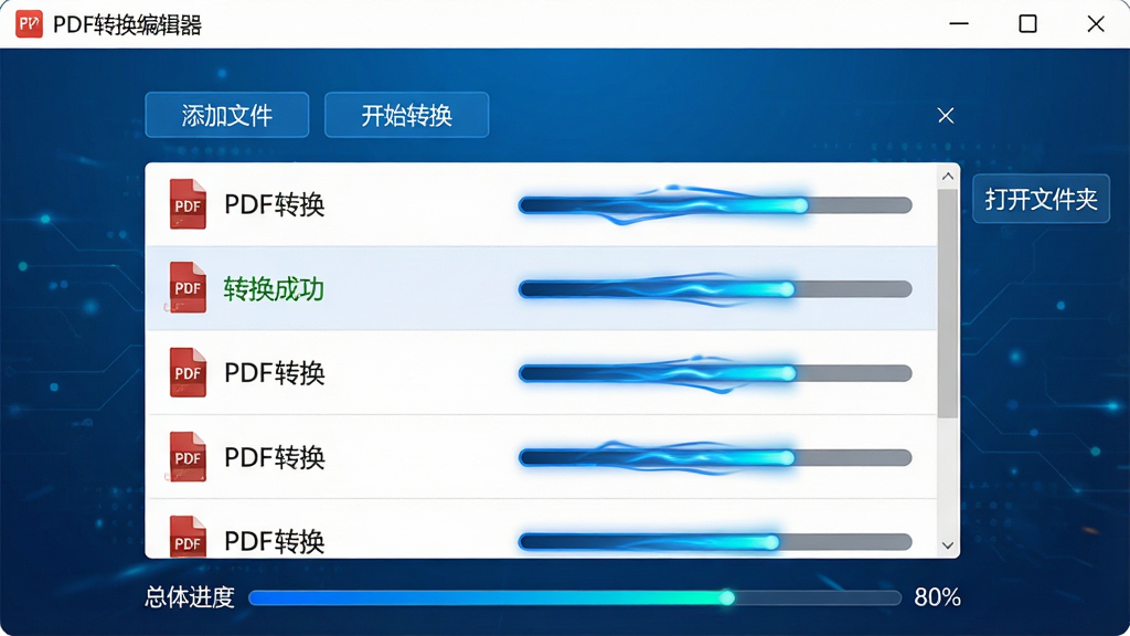 主体:PDF转换编辑器软件的批量转换队列界面。布局:界面中央列表显示多个PDF文件正在排队转换,每个文件右侧有独立的进度条。排版:列表上方有“添加文件”、“开始转换”按钮,底部显示总体进度。风格:科技蓝背景,进度条呈动态流光效果。细节:其中一个文件显示“转换成功”绿色标志,列表右侧有“打开文件夹”的快捷入口。画质:高清,干净,无多余元素。