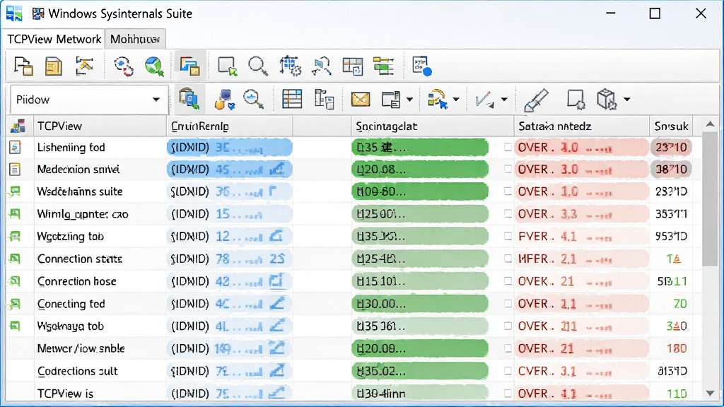 主体:Windows Sysinternals Suite 的 TCPView 网络监控界面。布局:表格形式展示连接列表,顶部有工具栏。排版:列标题固定,数据滚动显示。风格:现代监控面板,浅色背景。细节:不同连接状态用颜色区分,如监听为蓝色,已建立为绿色,超时为红色。画质:高清,干净,无多余元素。