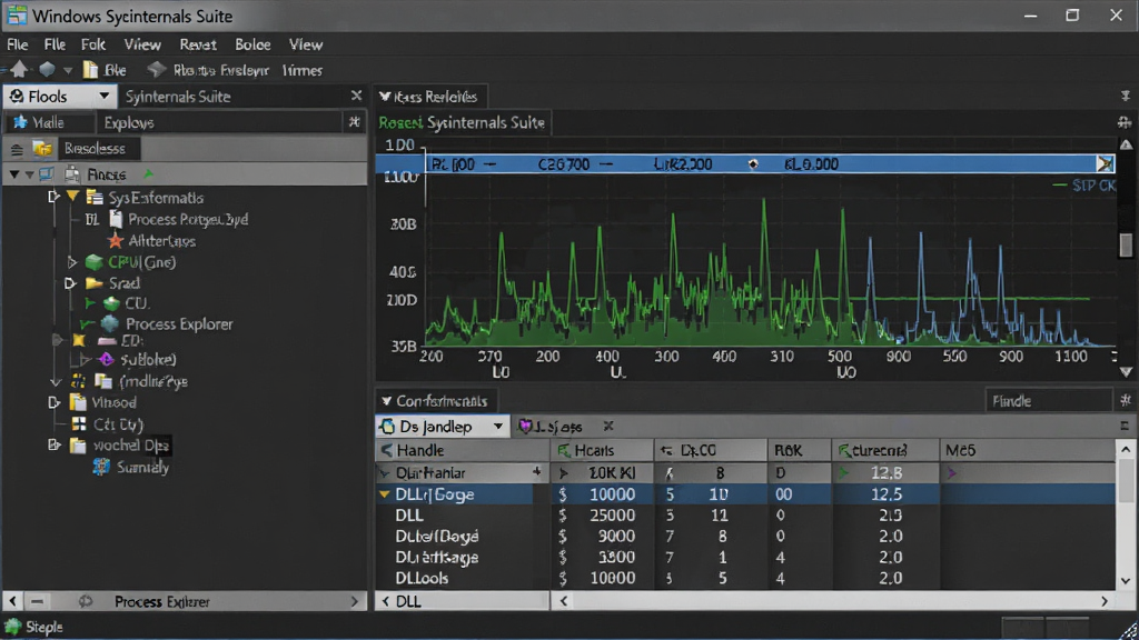 主体:Windows Sysinternals Suite 中的 Process Explorer 工具运行界面。布局:左侧进程树形列表,右侧实时性能图表。排版:数据密集但排列有序。风格:专业监控工具风格,深色背景。细节:高亮显示 CPU 占用率最高的进程,下方显示句柄和 DLL 列表。画质:高清晰度,干净,无多余元素。