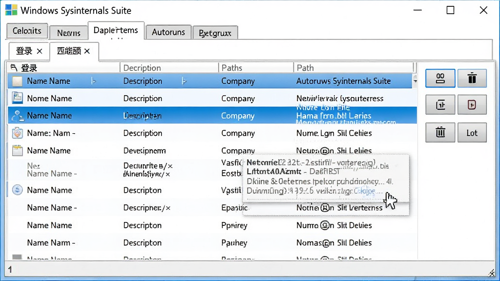 主体:Windows Sysinternals Suite 的 Autoruns 工具界面。布局:多标签页展示不同类型的启动项,当前选中“登录”选项卡。排版:列表式布局,每一行显示启动项名称、描述、公司、路径。风格:简洁清晰,蓝色高亮。细节:鼠标悬停显示启动项详细信息,右侧有禁用/删除按钮。画质:高清,干净,无多余元素。