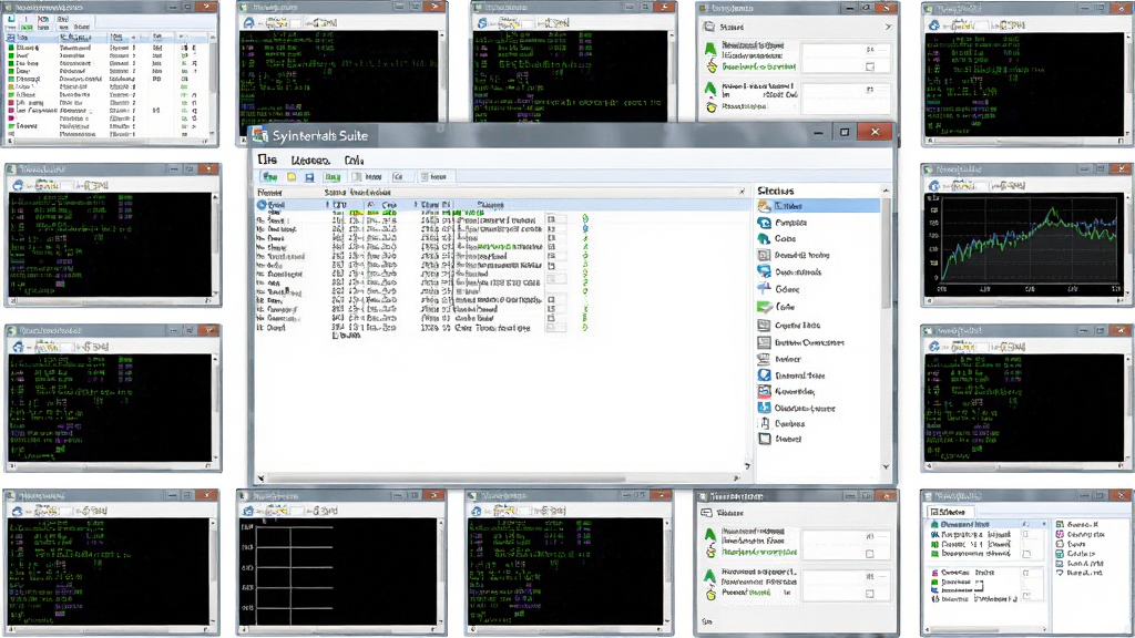 主体:Windows Sysinternals Suite 工具集界面全景,包含多个命令行窗口和图形界面工具图标。布局:居中展示软件主界面,四周环绕各个工具的小窗口缩略图。排版:清晰分层,突出工具列表和状态信息。风格:科技感、专业、简洁。细节:每个窗口显示不同的系统监控数据,如进程列表、CPU 曲线、网络连接等。画质:高清,干净,无多余元素。