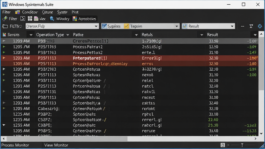主体:Windows Sysinternals Suite 的 Process Monitor 主窗口。布局:事件列表占用大部分区域,上方为过滤条件栏。排版:事件按时间顺序排列,每行显示操作类型、路径、结果。风格:数据流可视化,深色代码风格。细节:高亮显示错误事件,支持右键查看属性。画质:高清,干净,无多余元素。