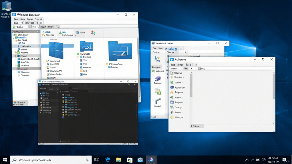主体:Windows Sysinternals Suite 工具包在 Windows 11 桌面上运行的场景。布局:桌面背景为简洁蓝色,多个工具窗口平铺显示。排版:错落有致,突出工具多样性。风格:真实感,现代办公环境。细节:屏幕中显示 Process Explorer 和 Autoruns 窗口,任务栏有多个图标。画质:4K 高清,干净,无多余元素。