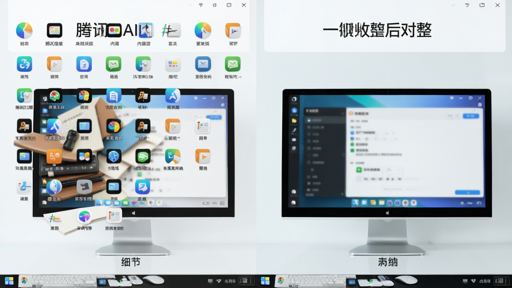 主体:腾讯桌面整理AI内测版一键收纳前后对比,左侧杂乱右侧整洁;布局:左右分屏对比;排版:图标大小统一;风格:简洁对比风格;细节:收纳后桌面留有空白区域;画质:高对比度,干净明亮