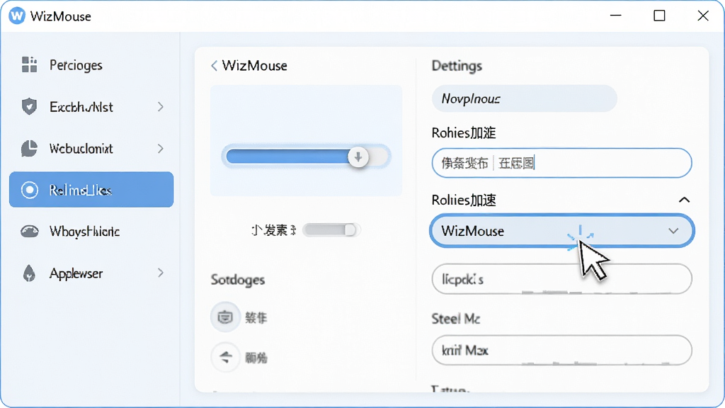 主体:WizMouse软件设置界面,展示排除列表与滚轮加速选项;布局:左侧为功能菜单,右侧为详细设置面板;排版:清晰有序,便于操作;风格:浅色背景,圆角输入框,现代简洁;细节:界面上有