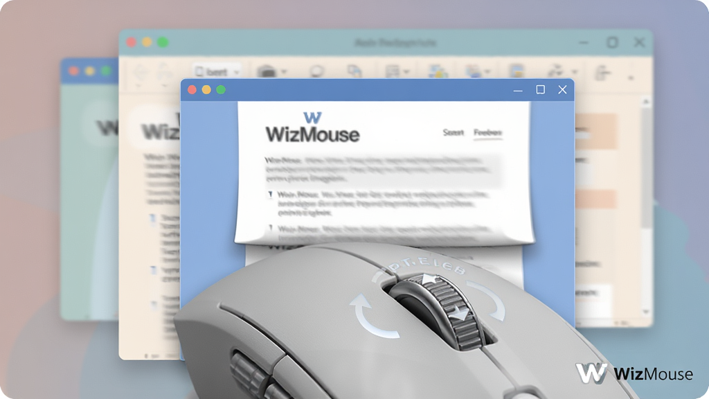 主体:WizMouse软件运行场景,鼠标悬停在一个未激活的文档窗口上,滚轮滚动时文档内容上下移动;布局:前景为鼠标特写,背景为多个层叠窗口,焦点窗口高亮显示;排版:层次分明,突出悬停滚动动作;风格:写实与扁平结合,色彩柔和;细节:鼠标滚轮带有滚动方向指示箭头,窗口内容呈现模糊运动轨迹,软件Logo位于角落;画质:高清,干净,无多余元素