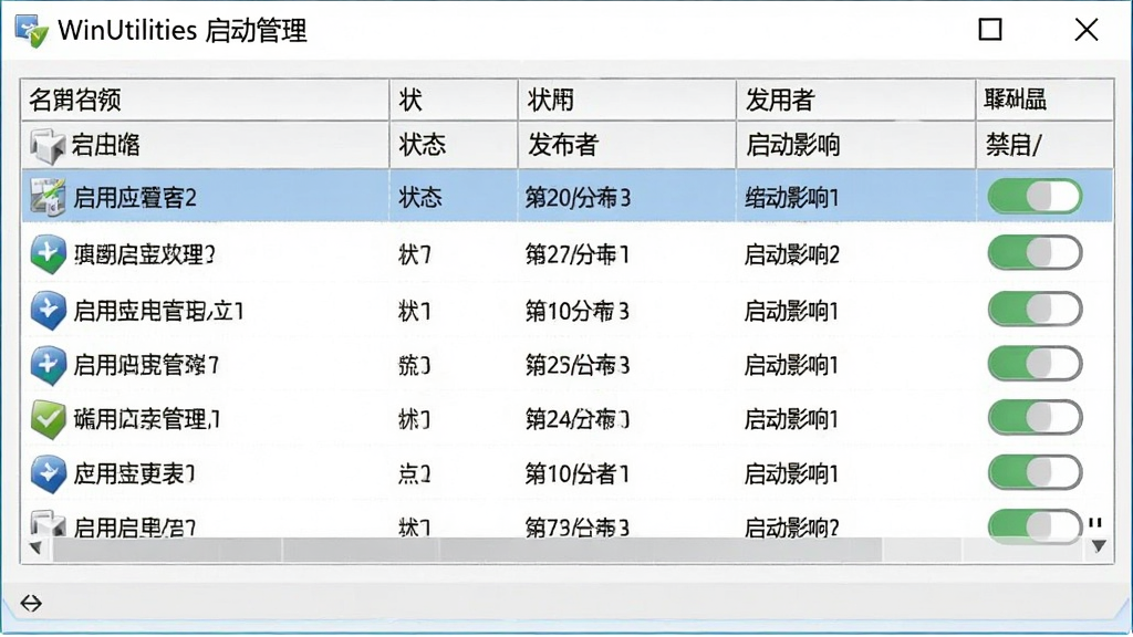 展示WinUtilities启动项管理界面的图片,表格中列出各启动项的名称、状态、发布者和启动影响,每行有启用/禁用开关,界面风格清晰,便于操作,图片中文字标注