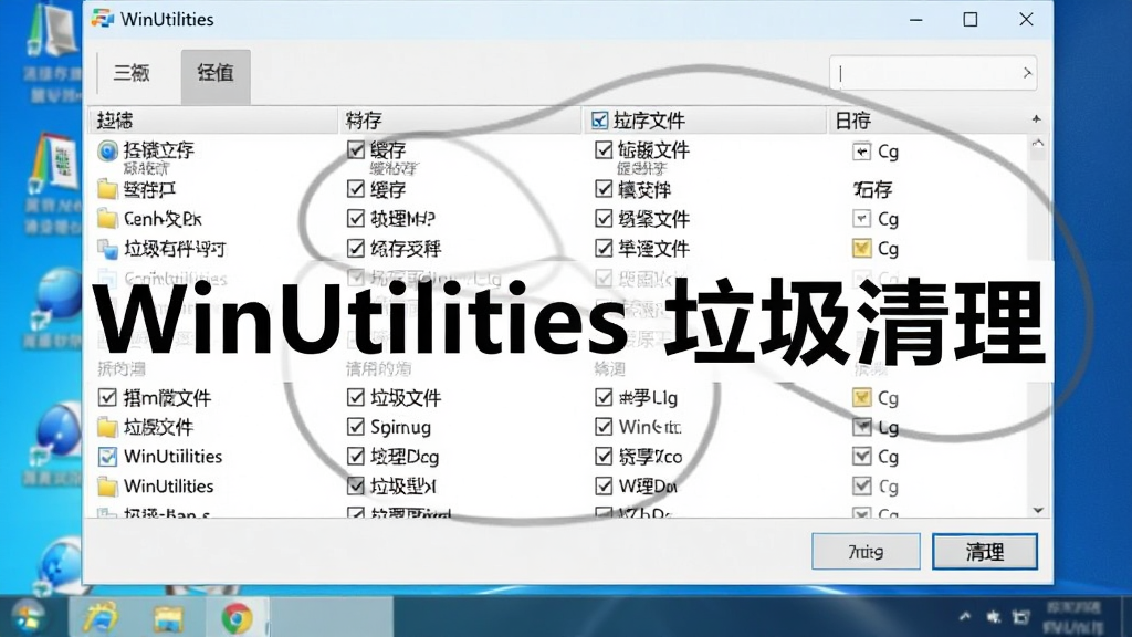 一张展示WinUtilities清理过程的屏幕截图,界面上显示扫描出的垃圾文件列表,包括临时文件、缓存、日志等,每个项目前有复选框,底部有