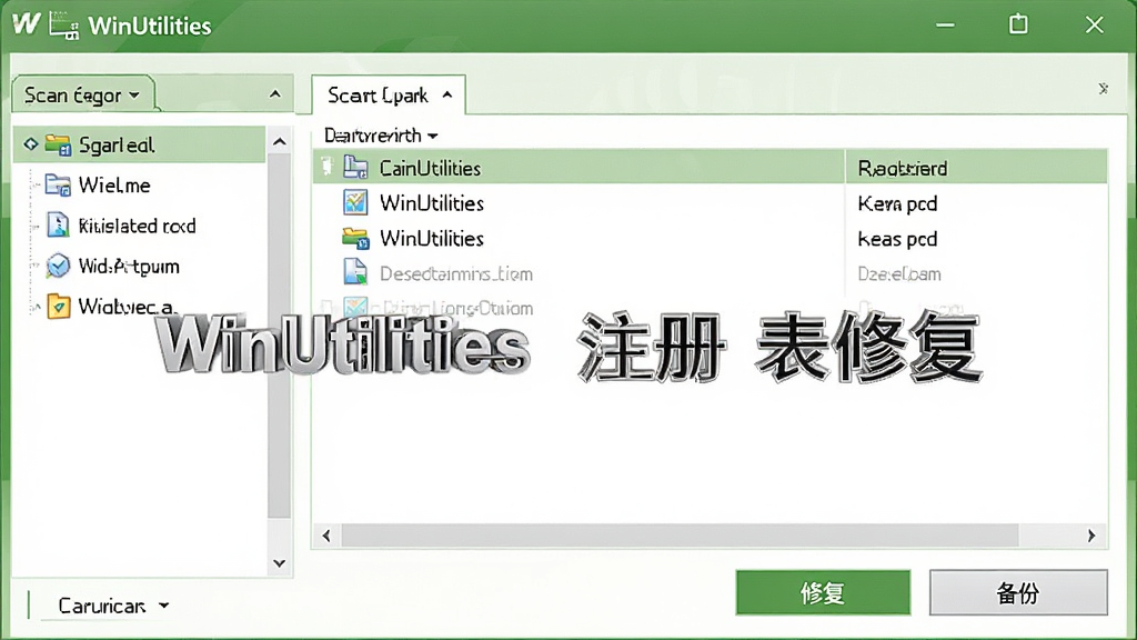 一幅WinUtilities注册表修复功能的界面预览,左侧显示扫描类别,右侧列出检测到的注册表错误项,下方有