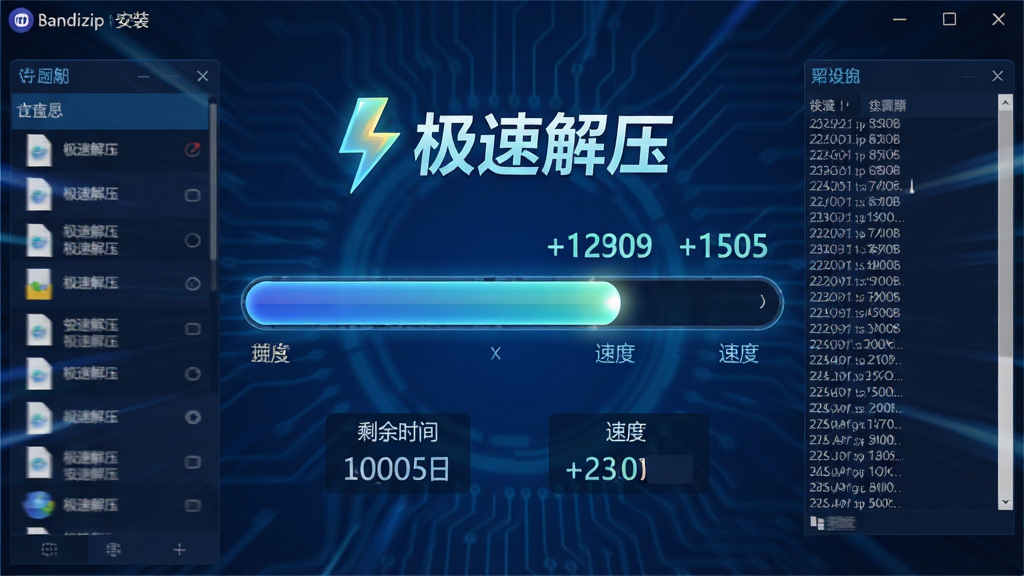 主体:Bandizip安装助手正在快速解压文件的界面截图,显示进度条快速前进,周围有速度数字。布局:中央显示一个大型进度条,左右两侧有文件列表和日志窗口。排版:进度条下方有“剩余时间”和“速度”统计,背景为深蓝色科技感。风格:未来感、动态模糊效果。细节:界面中突出显示“极速解压”字样,并伴有闪电图标。画质:超高清,动感,无多余元素