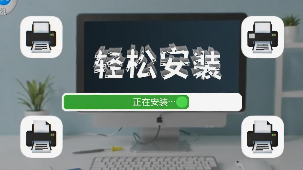 一张展示万能打印机驱动一键安装过程的图片,进度条显示“正在安装…”,周围有打印机的图标,背景为简洁的电脑桌面,画质干净,突出“轻松安装”的体验