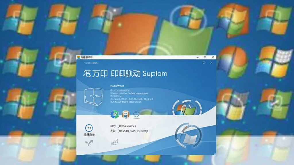 一张展示万能打印机驱动支持多种Windows系统版本的图片,背景为Windows图标墙,前景为软件安装界面,画质干净,体现广泛兼容性