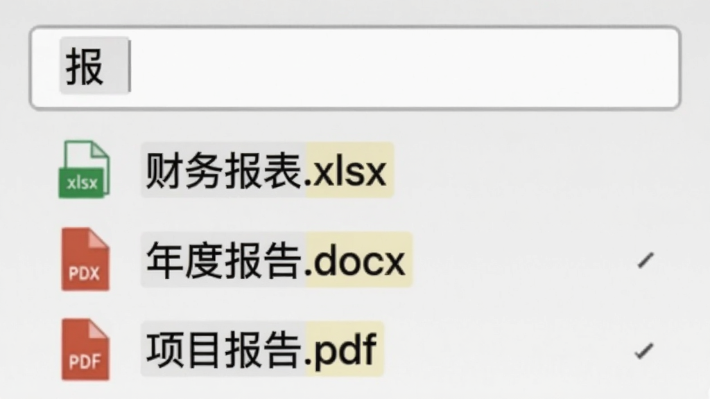 一张展示模糊搜索效果的截图,搜索框中输入“报”字,下方结果列表显示出“财务报表.xlsx”、“年度报告.docx”、“项目报告.pdf”等文件,每个文件图标旁有高亮关键字标记,背景为浅灰色,整体风格简洁、干净、无多余元素