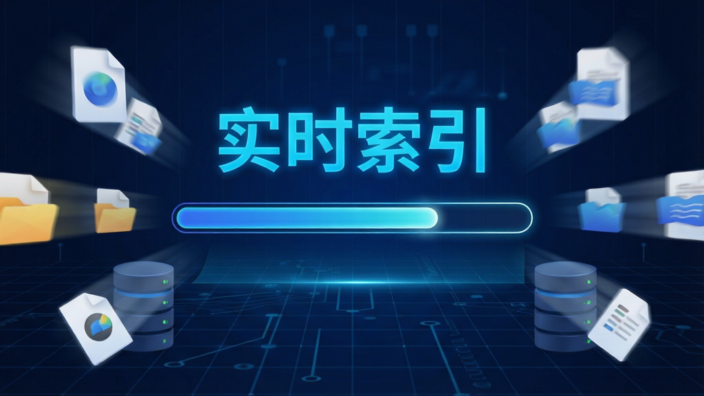 一张动态效果图,画面中央显示火速桌面搜索的索引进度条快速推进,周围散布着各种文件图标被快速吸入数据库的动画,背景为深蓝色科技感网格,文字“实时索引”以亮蓝色字体呈现,整体风格炫酷、干净、无多余元素