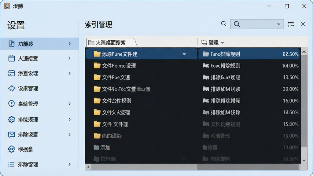 一张展示火速桌面搜索设置界面的截图,左侧是功能菜单,右侧是索引管理面板,列表显示已添加的文件夹与排除规则,整体界面简洁,背景为淡蓝色,文字“设置”清晰可见,风格干净、无多余元素