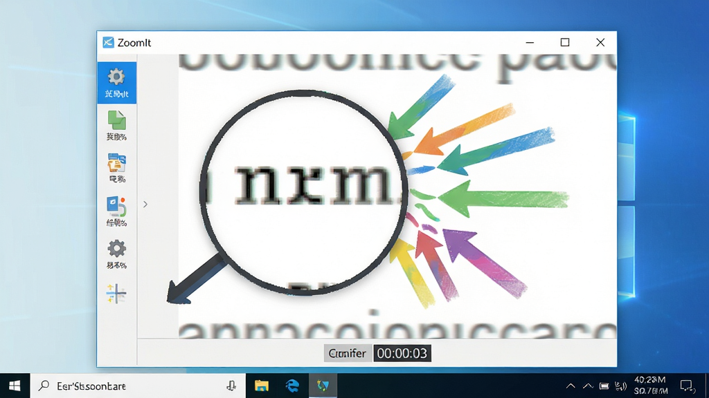 主体:ZoomIt软件界面悬浮在Windows桌面上的效果,屏幕中央显示放大的文字与彩色标注箭头,整体布局简洁明快。排版:界面左侧为功能图标栏,右侧为放大的屏幕区域,底部有计时器。风格:现代扁平化设计,色彩明亮,突出软件易用性。细节:软件名称“ZoomIt”清晰显示在窗口标题栏,标注线条流畅,画质清晰干净无多余元素。