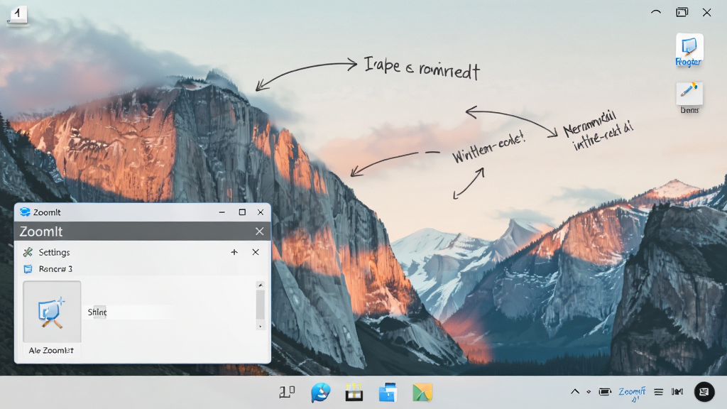 主体:ZoomIt软件在Windows 11桌面上的运行状态,屏幕右下角显示托盘图标,桌面有标注的痕迹。布局:桌面背景为山景,左下角有软件设置面板。风格:清新自然,色彩柔和。细节:软件名称“ZoomIt”出现在设置面板标题栏,画质干净无多余元素。