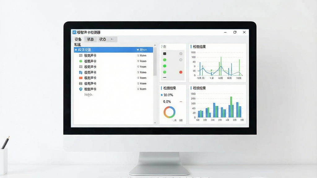 一幅简洁明亮的电脑桌面场景,屏幕中显示“极智声卡检测器”主界面,界面包含设备列表、状态指示灯和检测结果图表,整体风格干净清晰,画质高,无多余元素