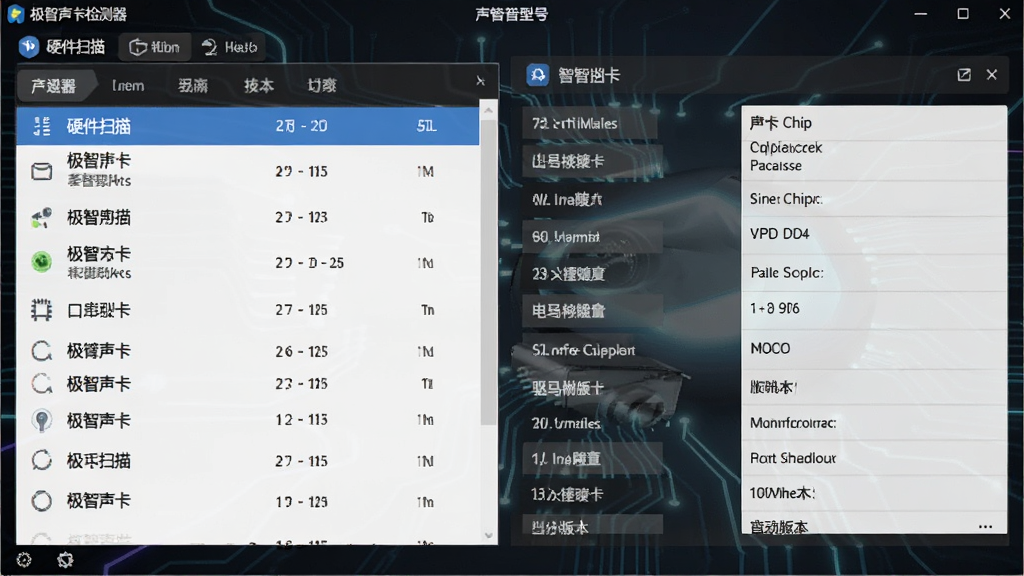 极智声卡检测器软件界面中,左侧显示硬件扫描列表,右侧展示声卡芯片型号和驱动版本详情,背景为深色科技风格,细节丰富,画质清晰
