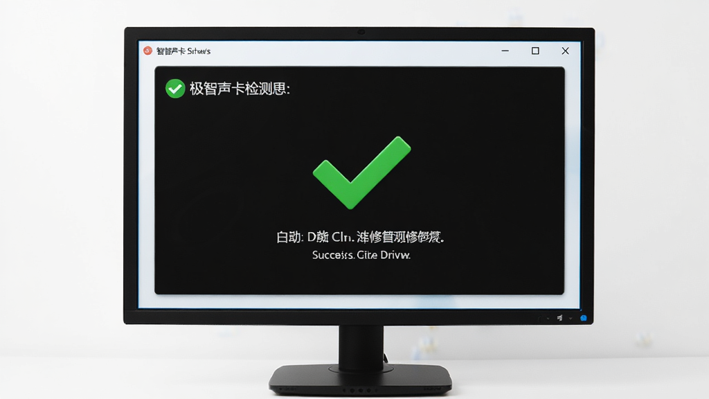 一张电脑屏幕显示极智声卡检测器修复驱动后的成功界面,绿色对勾图标,背景为简洁桌面,光线明亮,画质干净