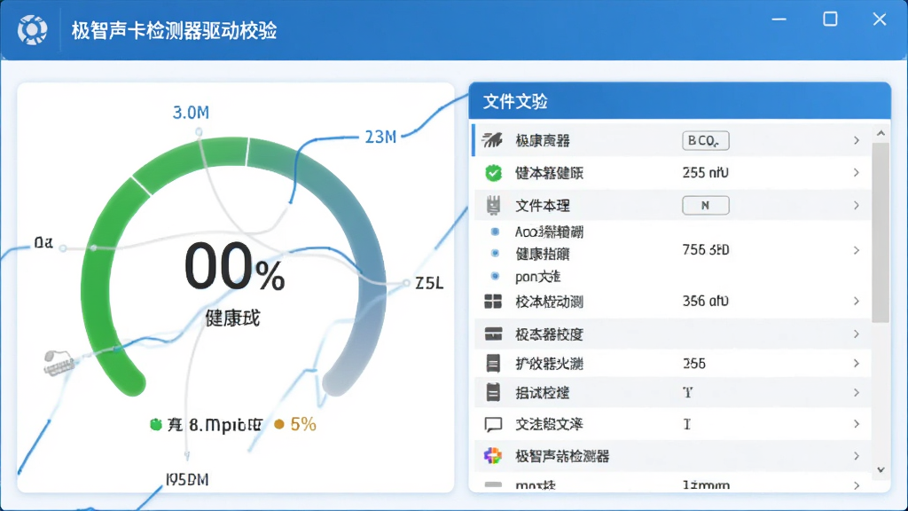 极智声卡检测器驱动校验页面,显示驱动健康度百分比和文件列表,界面采用蓝白配色,图表清晰,画质干净