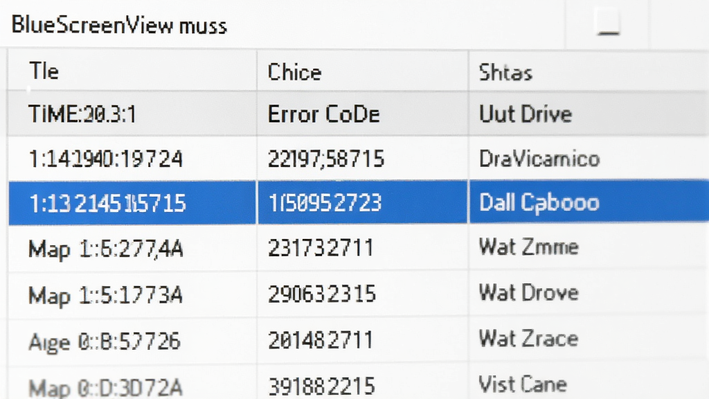 BlueScreenView崩溃记录列表特写,表格中显示时间、错误代码和驱动名称,界面简洁清晰,蓝色高亮选中的崩溃条目,画质干净,无多余元素