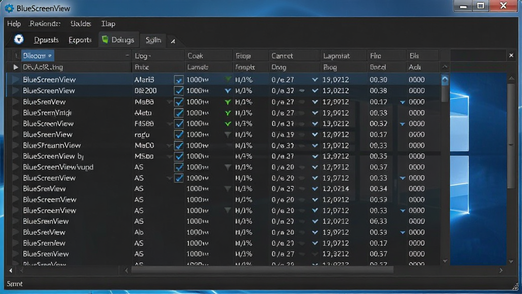 BlueScreenView软件主界面截图,深色主题,表格布局清晰展示蓝屏记录列表,背景为Windows系统风格,画面干净,无多余元素,画质高清