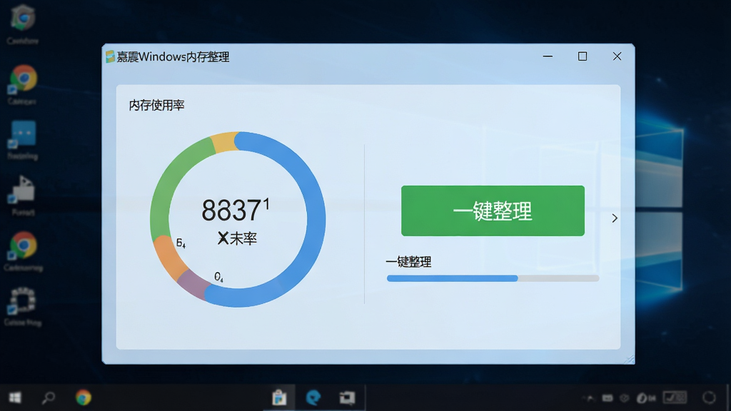 画面中央展示“嘉震Windows内存整理”软件主界面,浅蓝色半透明窗口悬浮于深色桌面背景上,界面中显示内存使用率环形图与“一键整理”绿色按钮,布局简洁清晰,现代扁平化设计风格,细节包含实时数字跳动与进度条,画质高清干净,无多余元素
