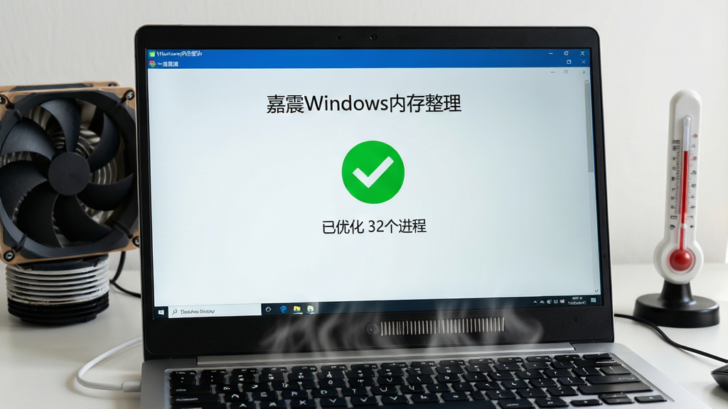 笔记本电脑键盘特写,屏幕上显示“嘉震Windows内存整理”一键加速成功界面,绿色对勾图标与“已优化 32个进程”文字,桌面周围有散热风扇与温度计摆件,风格写实,布局聚焦屏幕,细节体现散热效果,画质高清干净,无多余元素