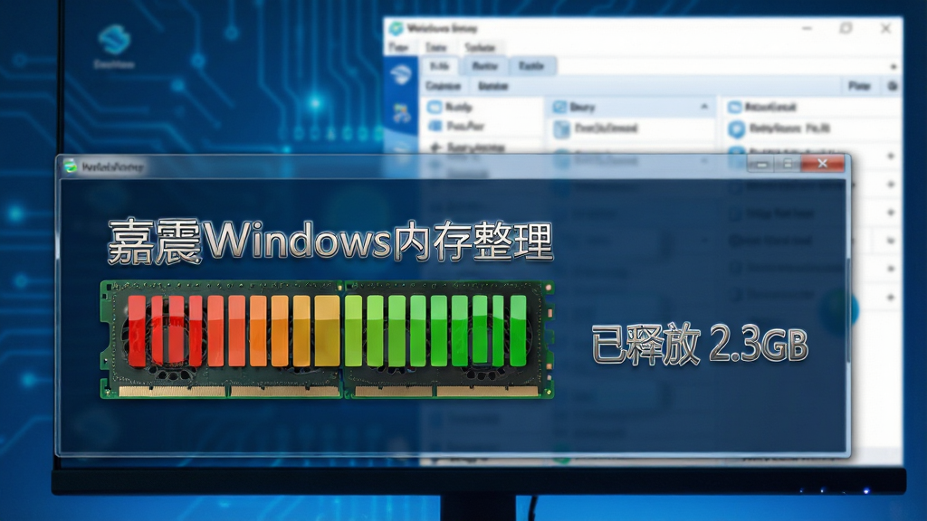 电脑屏幕前展示“嘉震Windows内存整理”的深度清理过程,界面中内存条状图从红色逐渐变为绿色,旁边显示“已释放 2.3GB”字样,背景为模糊的系统任务管理器,整体科技感蓝色调,布局主次分明,风格写实,细节丰富,画质高清干净,无多余元素