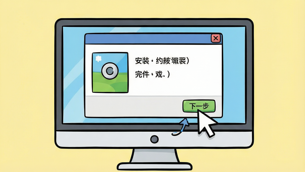 一幅软件安装步骤示意图,主体为电脑屏幕显示安装向导界面,鼠标指针指向“下一步”按钮,背景为淡黄色,整体布局清晰,风格卡通化,细节包括“安装”、“完成”等字样,画质干净,无多余元素