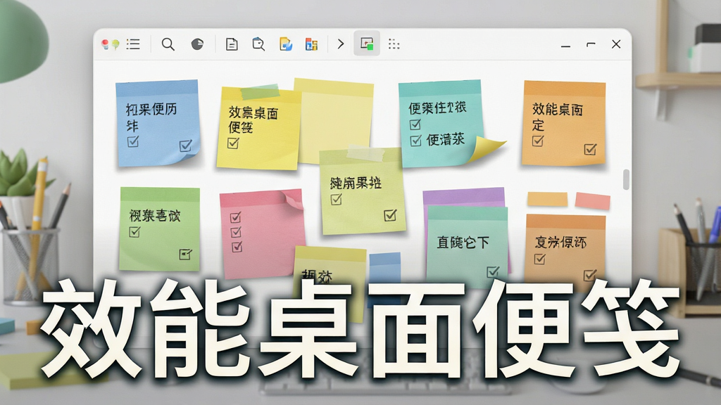 主体:效能桌面便笺软件主界面,多张彩色便签贴在虚拟桌面上;布局:便签错落有致,前景突出软件名称“效能桌面便笺”字样;排版:界面顶部有工具栏,便签上显示文字和复选框;风格:现代扁平化设计,色彩明亮清新;细节:便签纸质感细腻,阴影自然,桌面背景为简约工作台;画质:高清渲染,干净无多余元素。
