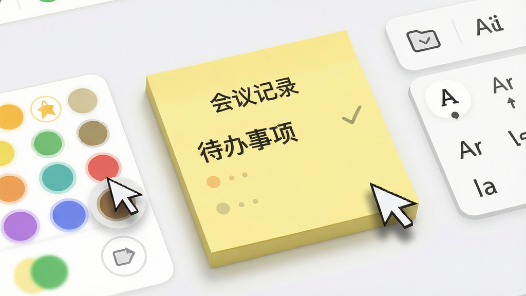 主体:效能桌面便笺的便签编辑界面特写;布局:中央一张黄色便签,周围有颜色选择器和字体工具;排版:便签上显示“会议记录”“待办事项”等文字;风格:清爽的界面设计,图标线条简洁;细节:鼠标指针悬停在颜色按钮上,阴影柔和;画质:高细节渲染,干净无多余元素。