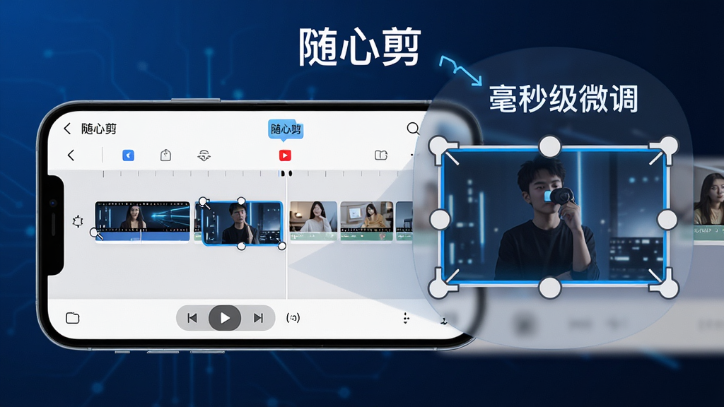 主体:手机横屏显示“随心剪”的剪辑时间线界面,时间线上有多个片段,其中一段被高亮框选;布局:手机占据画面中央偏左,右侧有放大的时间线细节展示,标注“毫秒级微调”;排版:界面简洁,功能图标排列有序,时间线刻度清晰;风格:科技感蓝色调,专业剪辑软件风格;细节:高亮片段边缘有裁剪手柄,屏幕底部有播放控制条,画面上方有“随心剪”字样;画质:高清,干净,无多余元素