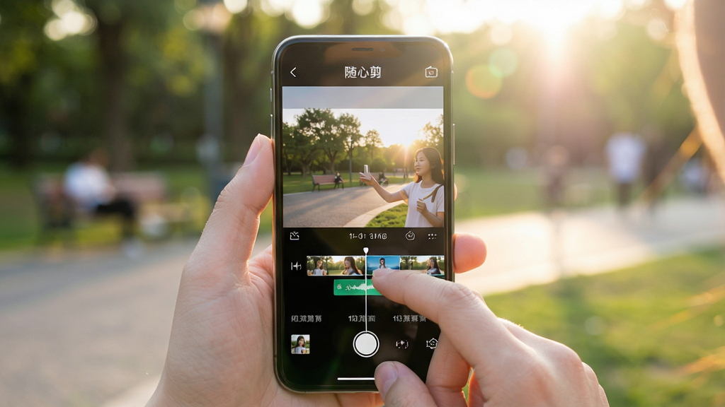 主体:用户手持手机在户外使用“随心剪”剪辑视频,手机屏幕显示时间线界面;布局:用户手部特写,手机占据画面中心,背景为模糊的公园景色;排版:手机屏幕清晰可见,上方有“随心剪”字样;风格:自然生活化,突出移动剪辑的便利性;细节:手指在屏幕上拖动片段,画面背景有阳光光晕;画质:高清,干净,无多余元素