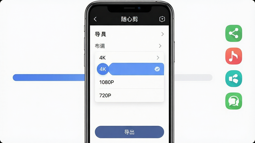 主体:手机屏幕显示“随心剪”的导出设置界面,清晰度选项列表展开,包含4K、1080P、720P;布局:手机居中,背景为导出进度条动画,右侧有分享平台图标排列;排版:设置项排列整齐,选中项高亮;风格:简洁商务风,强调高效;细节:屏幕上方有“随心剪”字样,底部有“导出”按钮;画质:高清,干净,无多余元素