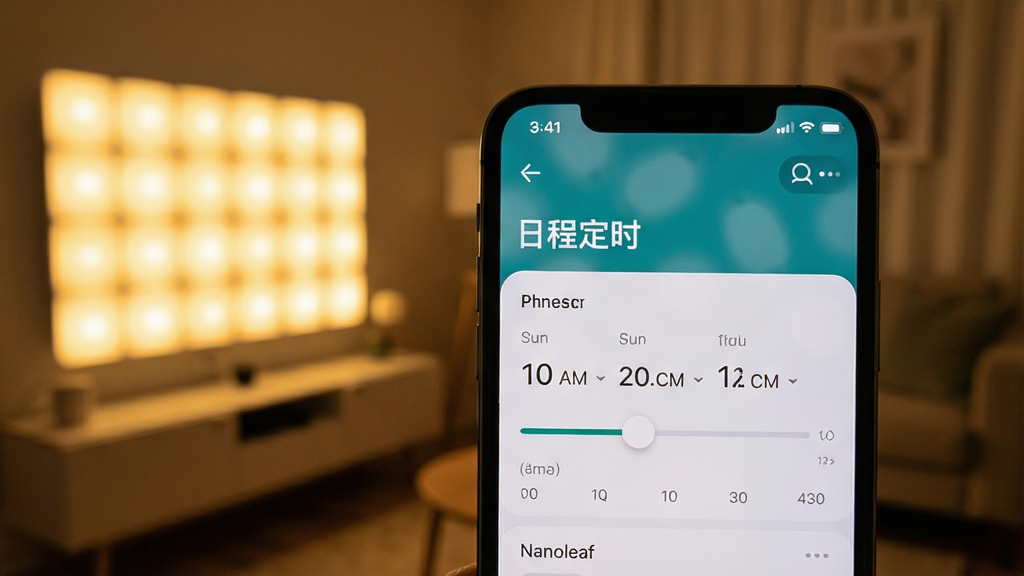 ���壺һ���ֻ���ʾNanoleaf APP�ġ��ճ̶�ʱ�����ý��棬����Ϊ�����ư��Զ�����ů�⡣���֣��ֻ���Ļ��д�������黯���Ű棺����������ʱ�们��ɼ��������ܰ�Ӽң�������͡�ϸ�ڣ��ư��Ч����Ļ�趨һ�¡����ʣ����壬�ɾ����޶���Ԫ�ء�