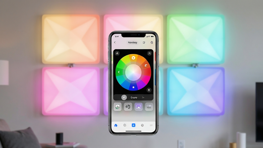 ���壺Nanoleaf���ܵư��ڿ���ǽ������ʾ��ʽ����Ч����������һ���ֻ���Ļ��ʾAPP���ƽ��棬�����г��ֵ�ɫ���볡��ͼ�ꡣ���֣��ֻ�λ�ڻ�������ƫ�£��ư�ʼ���������Ϊ�����������Ӿ���η������Ű棺�ֻ�����ϸ�������ɱ棬�ư��Ч��͹��ɡ�����ִ��Ƽ��У�����ͨ͸��ɫ�����ޡ�ϸ�ڣ��ư����ϸ���ʸУ����߷�����Ȼ���ֻ���Ļ�������С����ʣ�8K�����壬�ɾ����޶���Ԫ�ء�