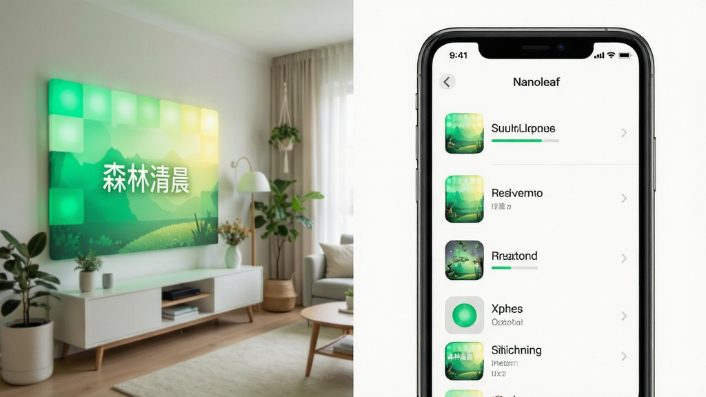 ���壺�ֻ���ĻչʾNanoleaf APP�ĳ���Ԥ���б������Ϊ����ʵ�����ư�����ʾ��ɭ���峿�������Ĵ�����ǳ�ƽ��䡣���֣��ֻ���ʵ�����ҶԳƣ��γɶԱȡ��Ű棺�б�ͼ���������������ƿɼ������������Ȼ������������ϸ�ڣ��ư��Ч����ĻԤ��һ�£�ɫ�ʻ�ԭ׼ȷ�����ʣ�4K���壬�ɾ����޶���Ԫ�ء�