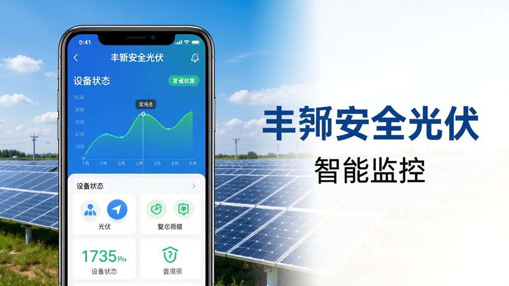 画面主体为“丰郅安全光伏”APP的界面展示,采用智能手机与光伏电站背景结合布局,前景是手机屏幕显示发电量曲线与设备状态图标,背景为蓝天下的光伏板阵列。排版上手机居中偏左,右侧留白添加文字“丰郅安全光伏”与“智能监控”字样。整体风格清新明亮,色彩以蓝色与绿色为主,细节丰富,画质干净清晰,无多余元素。